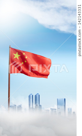 The national flag of China waves on a flagpole against a blue sky, with a modern city skyline rising above the clouds in the background. China National Day celebration 142143331