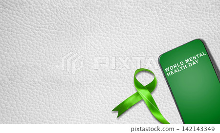 Smartphone displaying World Mental Health Day text next to a green awareness ribbon on a white leather background with copy space. Concept of World Mental Health Day Smartphone displaying World Mental Health Day text next to a green awareness ribbon on a white leather background with copy space. Concept of World Mental Health Day 142143349