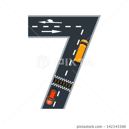 Cartoon asphalt road number 7 with directional arrows and orange cars. Vibrant road font with dark grey tarmac surface, dashed markings and speed bump crossing for kids learning apps and posters Cartoon asphalt road number 7 with directional arrows and orange cars. Vibrant road font with dark grey tarmac surface, dashed markings and speed bump crossing for kids learning apps and posters 142143386