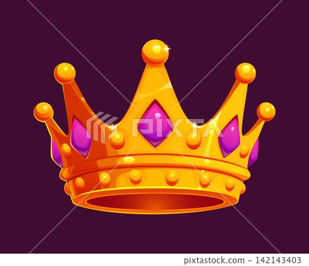 Cartoon golden king crown icon. Shiny royal tiara decorated with purple gemstones and small round beads for casual mobile game ranking UI elements and prince themed birthday party invitations Cartoon golden king crown icon. Shiny royal tiara decorated with purple gemstones and small round beads for casual mobile game ranking UI elements and prince themed birthday party invitations 142143403