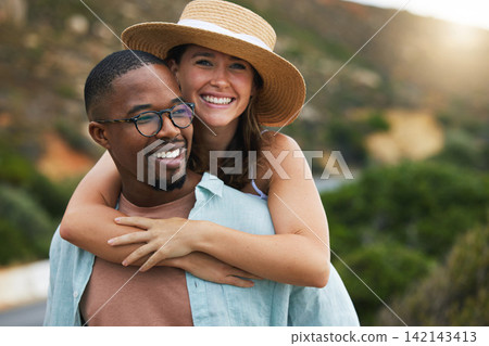 Interracial couple, trip and happy for hug in nature, travel and countryside for vacation in Brazil. Adventure, people and smile in outdoor in summer for holiday, journey and relax together. Interracial couple, trip and happy for hug in nature, travel and countryside for vacation in Brazil. Adventure, people and smile in outdoor in summer for holiday, journey and relax together. 142143413