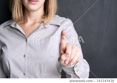 Hand, pointing and woman with option, choice or invitation for business connection with mockup space. Female person, finger and direction for recruitment, welcome and onboarding for worker in studio Hand, pointing and woman with option, choice or invitation for business connection with mockup space. Female person, finger and direction for recruitment, welcome and onboarding for worker in studio 142143416