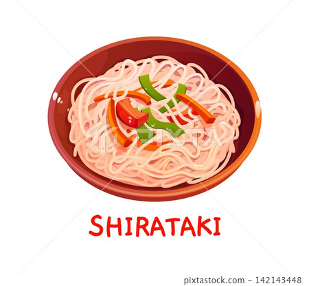 Cartoon bowl of Japanese shirataki noodles served in deep red ceramic bowl. Vibrant Japanese noodles with zucchini slices, carrot strips and red pepper pieces for Asian cuisine restaurant menu design Cartoon bowl of Japanese shirataki noodles served in deep red ceramic bowl. Vibrant Japanese noodles with zucchini slices, carrot strips and red pepper pieces for Asian cuisine restaurant menu design 142143448