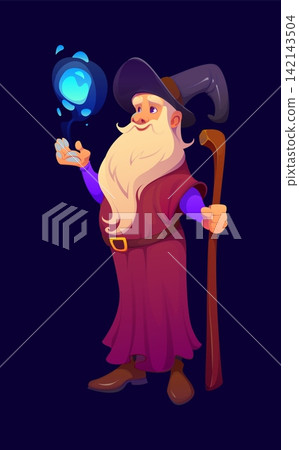 Cartoon Halloween wizard character with magic light ball and staff. Old medieval man with long beard in purple cloak and fantasy hat. Elderly bearded merlin doing spell with magic wand Cartoon Halloween wizard character with magic light ball and staff. Old medieval man with long beard in purple cloak and fantasy hat. Elderly bearded merlin doing spell with magic wand 142143504