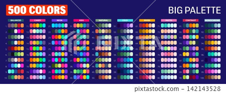 Balanced and warm, pastel and neon, neutral and vibrant color harmony RGB palette swatches. Professional shade reference tool for web application layouts or graphic artist presentation charts Balanced and warm, pastel and neon, neutral and vibrant color harmony RGB palette swatches. Professional shade reference tool for web application layouts or graphic artist presentation charts 142143528