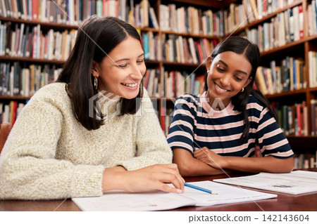 Education, students and women in library, research for project and knowledge with idea, creativity and brainstorming. Girls, college and friends with books, planning and tutor with university or talk Education, students and women in library, research for project and knowledge with idea, creativity and brainstorming. Girls, college and friends with books, planning and tutor with university or talk 142143604