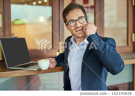Businessman, laptop and phone call in cafe with conversation, networking and client consultation. Male lawyer, computer and mobile for discussion in coffee shop with virtual feedback and connection Businessman, laptop and phone call in cafe with conversation, networking and client consultation. Male lawyer, computer and mobile for discussion in coffee shop with virtual feedback and connection 142143626
