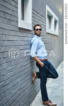 Man, brick and wall with vision, confidence and sunglasses with urban background. Consultant, startup and business with ambition, style and formal or professional aesthetic for corporate fashion Man, brick and wall with vision, confidence and sunglasses with urban background. Consultant, startup and business with ambition, style and formal or professional aesthetic for corporate fashion 142143632