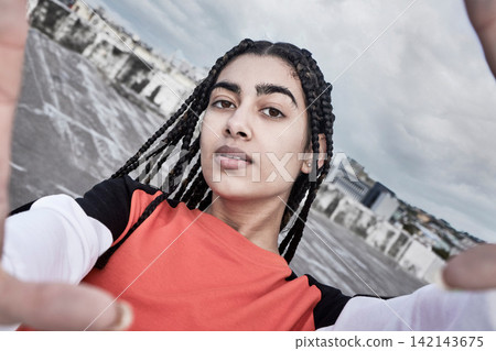 Portrait, selfie and outdoor with woman, dancer and talent with practice, training for performance and culture. Face, happy person in city and girl with confidence, carefree and artist with creative 142143675