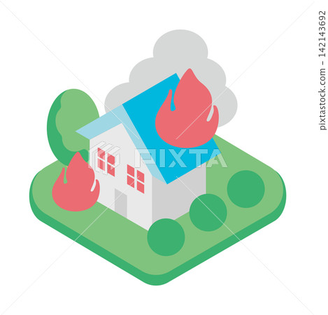 Fire, conflagration, house, isometric, illustration, natural disaster, lightning strike, typhoon, earthquake, disaster prevention, material Fire, conflagration, house, isometric, illustration, natural disaster, lightning strike, typhoon, earthquake, disaster prevention, material 142143692