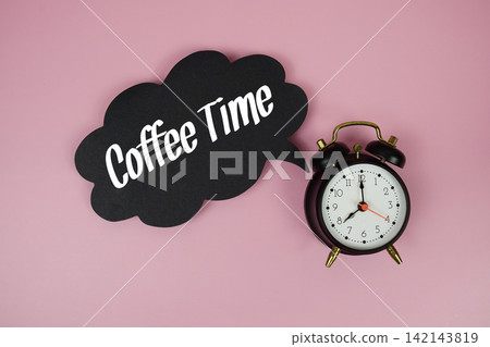 Coffee Time text on speech bubble with alarm clock on pink background Coffee Time text on speech bubble with alarm clock on pink background 142143819