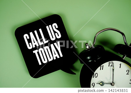 Call Us Today text on speech bubble with alarm clock on green background Call Us Today text on speech bubble with alarm clock on green background 142143831