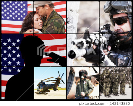 Collage, America and soldier for war, army and battle for country and reunion with wife. Male person or military veteran and salute with weapon for survive with mission mask and helicopter Collage, America and soldier for war, army and battle for country and reunion with wife. Male person or military veteran and salute with weapon for survive with mission mask and helicopter 142143880