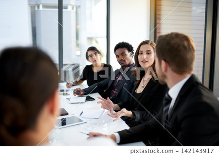 Meeting, strategy and business people in conference room with ideas, proposal and corporate planning. Boardroom, men and women in conversation for review, report or b2b workshop at startup office Meeting, strategy and business people in conference room with ideas, proposal and corporate planning. Boardroom, men and women in conversation for review, report or b2b workshop at startup office 142143917