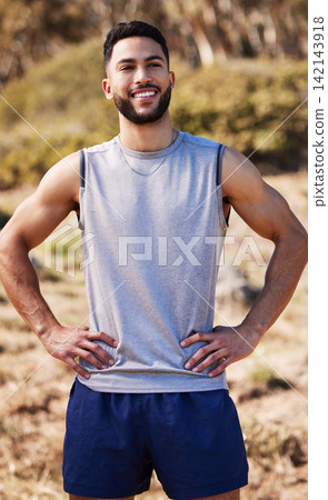 Man, runner and thinking of fitness in nature, proud and sports for marathon training in outdoors. Male person, confident and ponder on workout or cardio, sportswear and happy for exercise goals Man, runner and thinking of fitness in nature, proud and sports for marathon training in outdoors. Male person, confident and ponder on workout or cardio, sportswear and happy for exercise goals 142143918