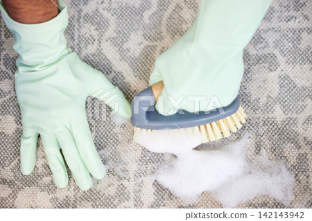 Hands, gloves and cleaning with brush, floor and foam of soap, safe and healthy for environment in house. Chemical, product and washing of bacteria in apartment, tools and hygiene for person in home Hands, gloves and cleaning with brush, floor and foam of soap, safe and healthy for environment in house. Chemical, product and washing of bacteria in apartment, tools and hygiene for person in home 142143942