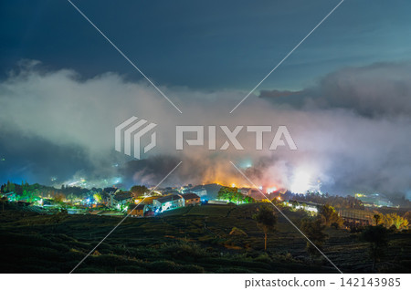 Night View of Shizhuo Tea Plantations and Sea of Clouds in Alishan, Taiwan Night View of Shizhuo Tea Plantations and Sea of Clouds in Alishan, Taiwan 142143985