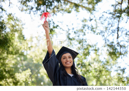 Celebrate, graduate or girl with certificate of graduation on campus with smile, pride or excited. College, female student or diploma for learning growth, excellence or achievement for education goal 142144350