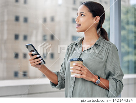 Business woman, phone and thinking in office, networking and communication for planning. Female person, tea break and social media or employee for idea, hot drink and check website for information Business woman, phone and thinking in office, networking and communication for planning. Female person, tea break and social media or employee for idea, hot drink and check website for information 142144354