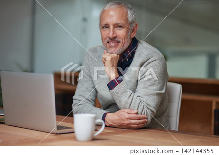 Businessman, portrait and laptop in office with smile, coffee and working at night for project. Happiness, corporate and senior male person in workplace for online, email and commitment to company 142144355