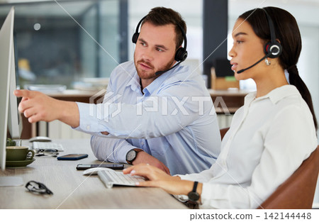 Call center, training or business people on computer in office for telemarketing, faq or customer service. About us, coaching or manager with inbound marketing consultant for b2b, crm or networking Call center, training or business people on computer in office for telemarketing, faq or customer service. About us, coaching or manager with inbound marketing consultant for b2b, crm or networking 142144448