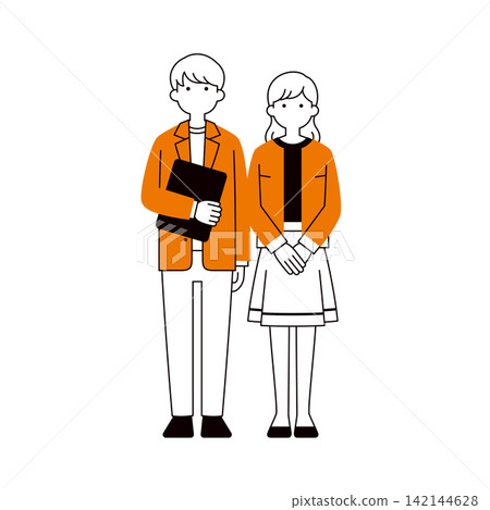 A set of simple full-body vector illustrations of men and women in their 20s and 30s working at an IT company (line art). A set of simple full-body vector illustrations of men and women in their 20s and 30s working at an IT company (line art). 142144628
