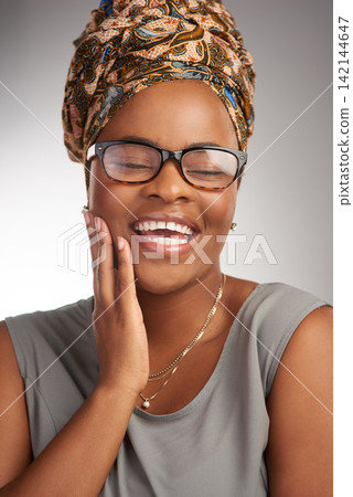 Black business woman, happy and thinking in studio for career, growth or turban by white background. African entrepreneur, person and excited with smile, laugh and ideas for future at creative agency 142144647
