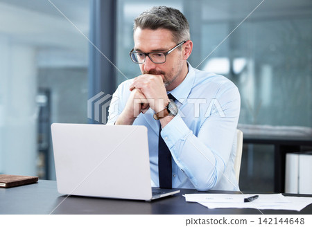 Businessman, laptop and corporate research in office for financial growth as seo specialist, startup or tech. Male person, glasses and company brainstorming or internet, networking or consultation 142144648