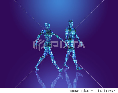 A male and female robot walking side by side A male and female robot walking side by side 142144657