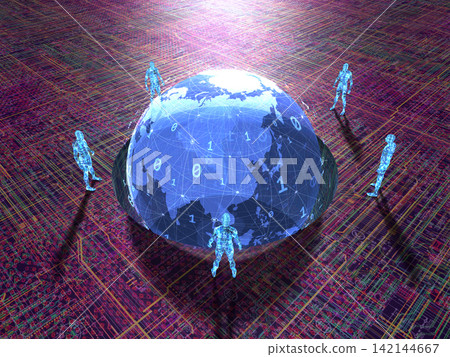 Robots gazing at a translucent globe Robots gazing at a translucent globe 142144667