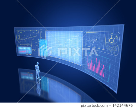 A robot looking at a widescreen monitor A robot looking at a widescreen monitor 142144676