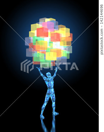 A robot holding a cube-shaped object upwards. A robot holding a cube-shaped object upwards. 142144696