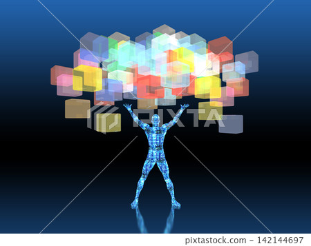 A robot holding a cube-shaped object upwards. A robot holding a cube-shaped object upwards. 142144697