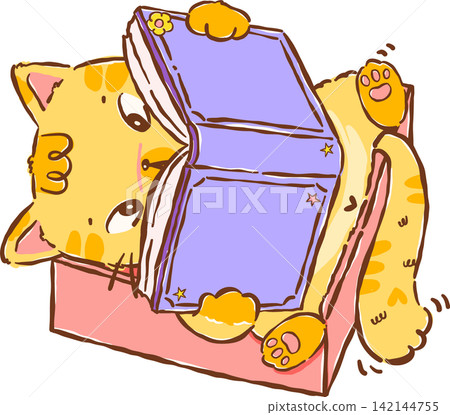 Cozy Orange Cat Bookish Reading a Book in Box Hand drawn Illustration Cozy Orange Cat Bookish Reading a Book in Box Hand drawn Illustration 142144755