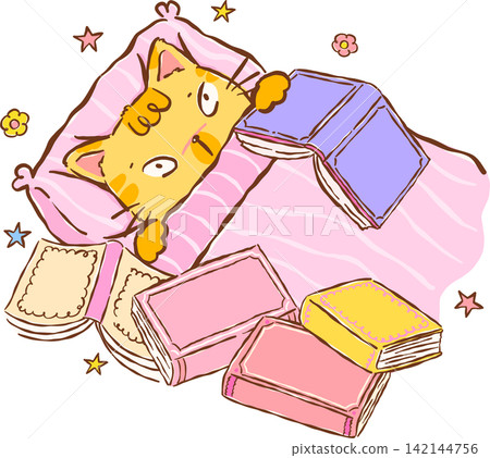 Orange Cat Bookish Reading books on Bed Hand drawn Illustration, Book hangover Orange Cat Bookish Reading books on Bed Hand drawn Illustration, Book hangover 142144756