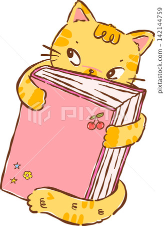 Orange Cat Bookish Hugging a Book Hand drawn Illustration Orange Cat Bookish Hugging a Book Hand drawn Illustration 142144759