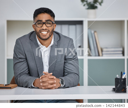 Mexican man, portrait and employee at desk, smile and confident account at finance firm. Male person, glasses and proud of career opportunity or entrepreneur for startup company, business and job Mexican man, portrait and employee at desk, smile and confident account at finance firm. Male person, glasses and proud of career opportunity or entrepreneur for startup company, business and job 142144843