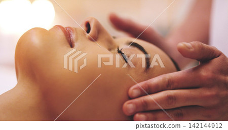 Spa, treatment and head massage for female client, scalp and temple for stress relief. Skincare, beauty and luxury cosmetology for facial in salon, zen and relax for body care and beautician wellness Spa, treatment and head massage for female client, scalp and temple for stress relief. Skincare, beauty and luxury cosmetology for facial in salon, zen and relax for body care and beautician wellness 142144912
