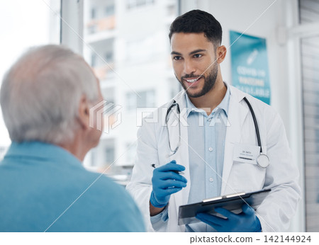 Medical, clipboard and doctor with senior patient for advice in consultation room at hospital. Checklist, chart and professional healthcare worker talk to elderly man for checkup in medicare clinic. Medical, clipboard and doctor with senior patient for advice in consultation room at hospital. Checklist, chart and professional healthcare worker talk to elderly man for checkup in medicare clinic. 142144924