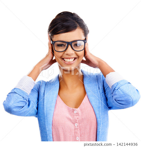 Woman, face and glasses by studio background for fashion inspiration, happy smile and confident vision. Female model, clothes and portrait by white backdrop with eye care, clear sight and cool frames Woman, face and glasses by studio background for fashion inspiration, happy smile and confident vision. Female model, clothes and portrait by white backdrop with eye care, clear sight and cool frames 142144936