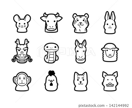 描繪十二生肖動物臉孔的插圖。 142144992