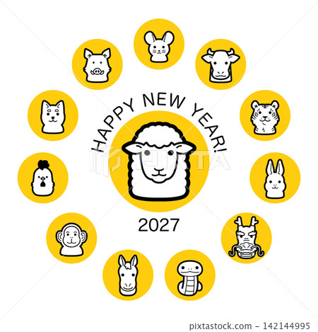 2027 年新年插圖,中心是一隻大綿羊,周圍環繞著十二生肖的圓形圖案。 2027 年新年插圖,中心是一隻大綿羊,周圍環繞著十二生肖的圓形圖案。 142144995