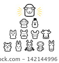 A pyramid of the twelve zodiac animals with a sheep at the top - illustration for a 2027 Year of the Sheep New Year's card. 142144996