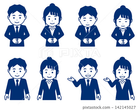 [Icon] A man and a woman in navy suits. Four different poses, including bowing and beckoning. 142145027