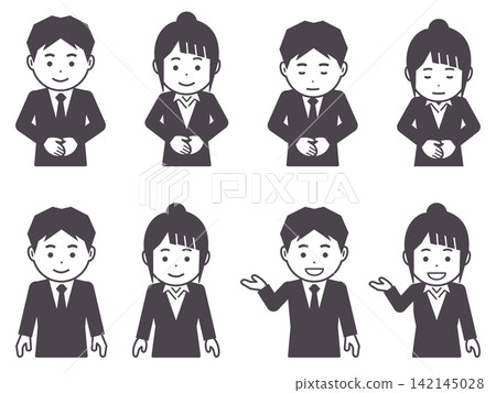 【圖示】一男一女身穿灰色西裝。四種不同的姿勢,包括鞠躬和招手。 【圖示】一男一女身穿灰色西裝。四種不同的姿勢,包括鞠躬和招手。 142145028