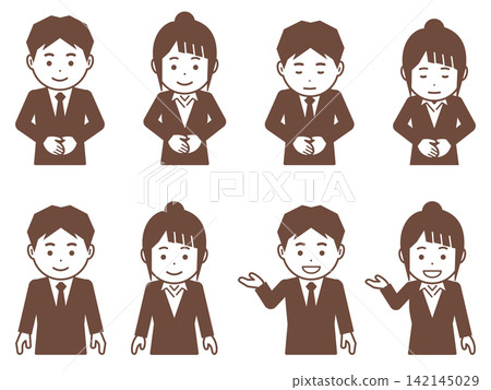 [Icon] A man and a woman in brown suits. Four different poses, including bowing and beckoning. 142145029