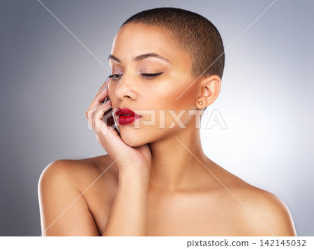 Hand, makeup and black woman in studio, color and natural beauty, glow and shine of face and aesthetic. Cosmetics, African person and girl with red lipstick, foundation and relax of model in mockup Hand, makeup and black woman in studio, color and natural beauty, glow and shine of face and aesthetic. Cosmetics, African person and girl with red lipstick, foundation and relax of model in mockup 142145032