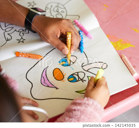 Hand, baby and color book with mom help and bonding together with creativity and learning. Home, paper drawing and family with crayon, youth and development of a kid with art on a table with care Hand, baby and color book with mom help and bonding together with creativity and learning. Home, paper drawing and family with crayon, youth and development of a kid with art on a table with care 142145035