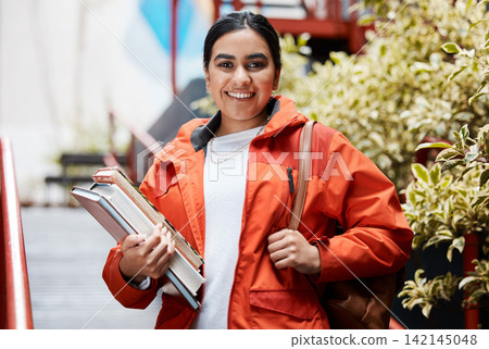 Books, education and portrait of student Indian girl on campus for learning at college or university. Bag, smile and study with happy academy pupil at school for development, knowledge or scholarship Books, education and portrait of student Indian girl on campus for learning at college or university. Bag, smile and study with happy academy pupil at school for development, knowledge or scholarship 142145048