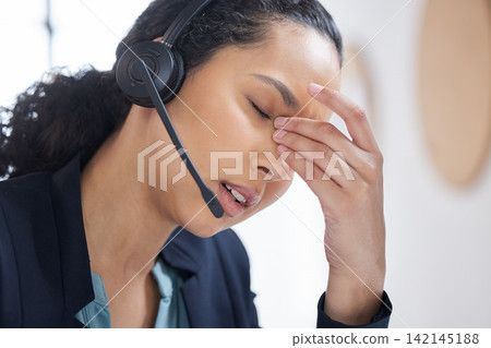 Woman, stress and headphones in call center for customer service, consulting and communication. Female person, frustrated and headset at desk for telemarketing, sales support and client problem Woman, stress and headphones in call center for customer service, consulting and communication. Female person, frustrated and headset at desk for telemarketing, sales support and client problem 142145188